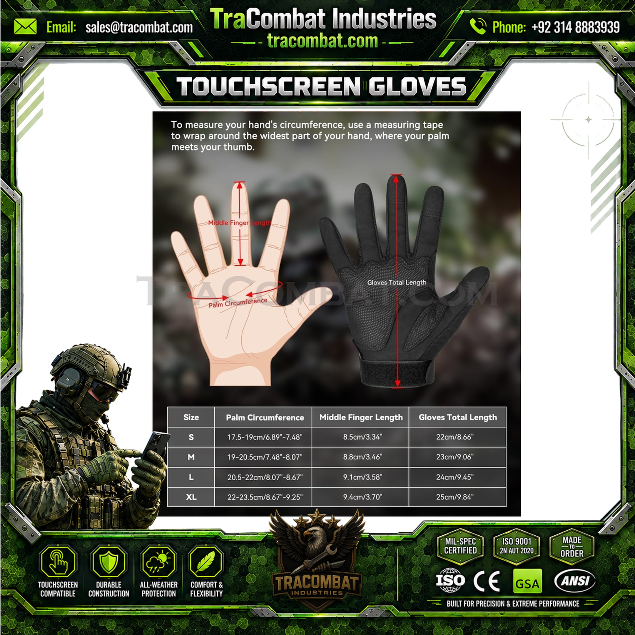 TraCombat Impact Shield 3-Finger Touchscreen Tactical Gloves - Image 4
