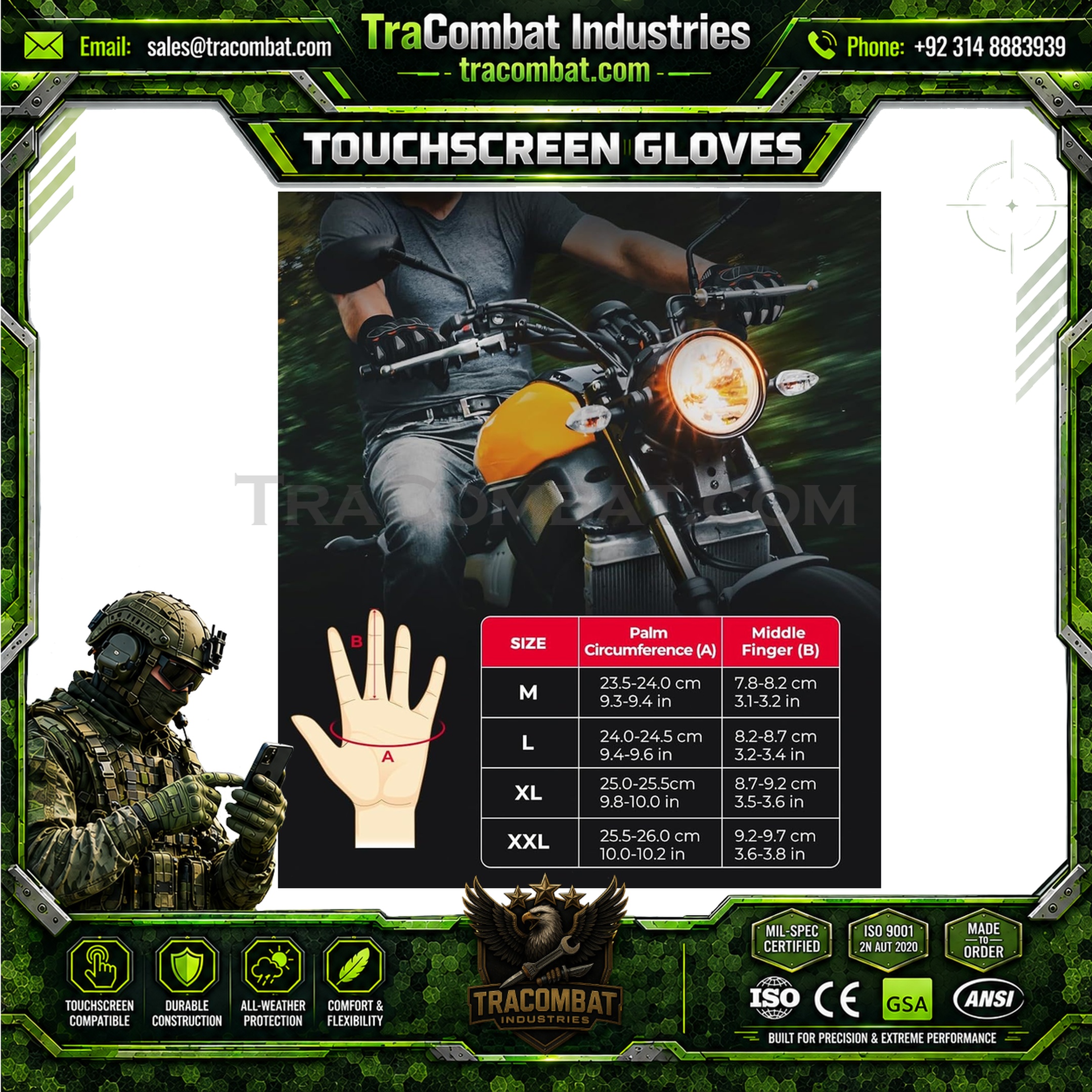TraCombat PVC Shell Motorcycle Touchscreen Riding Gloves - Image 6