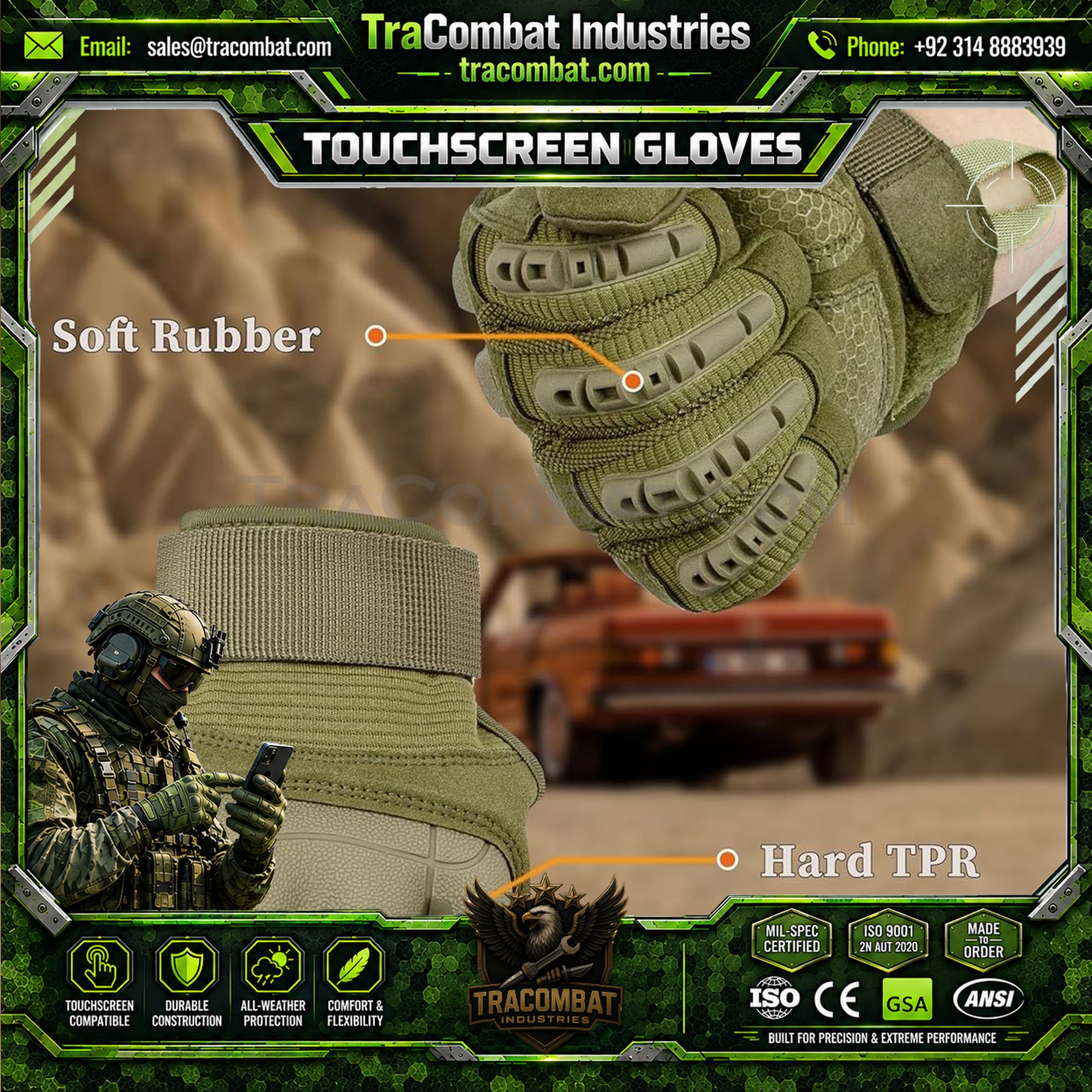 TraCombat Hard Knuckle Silicone Palm Touchscreen Tactical Gloves - Image 2