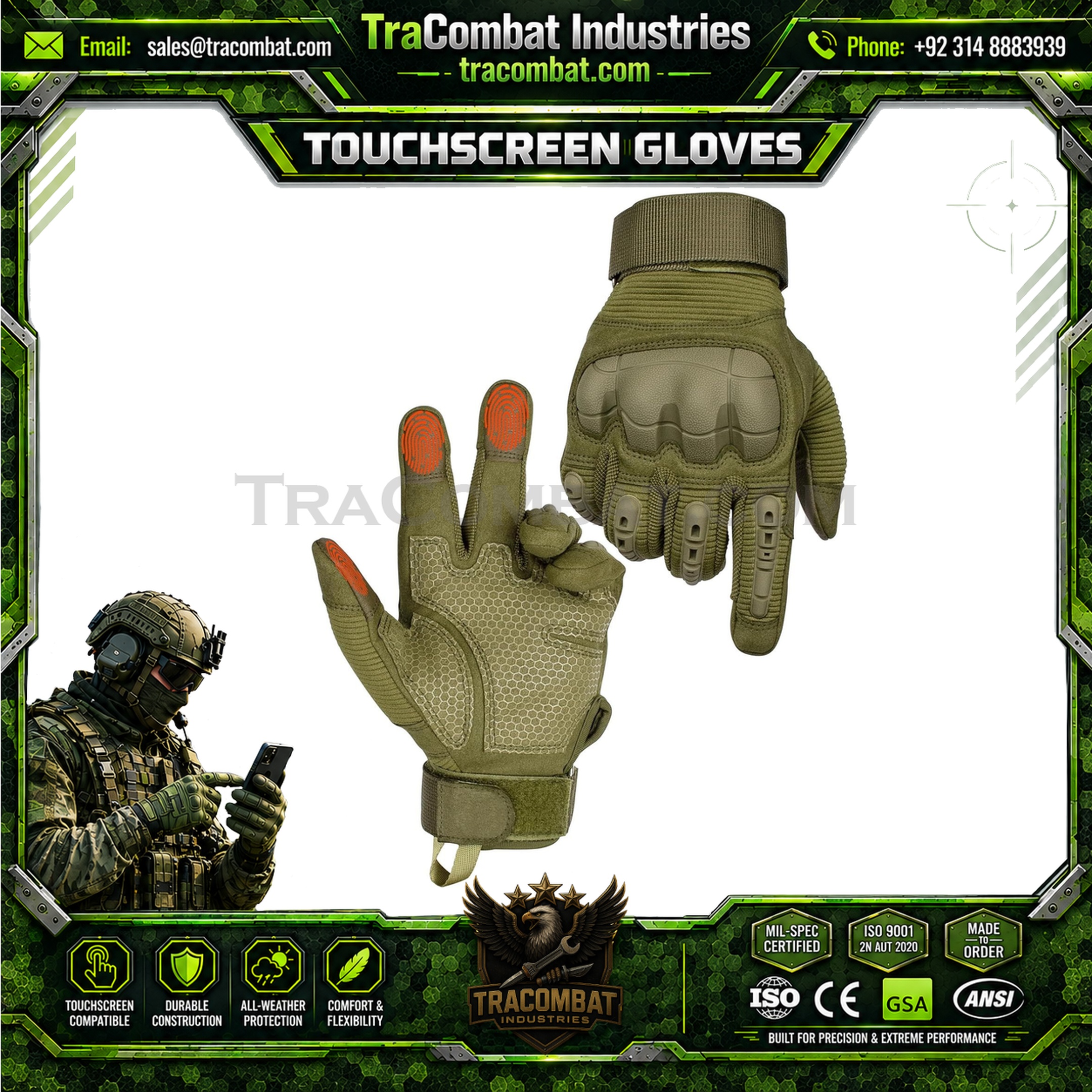 TraCombat Hard Knuckle Silicone Palm Touchscreen Tactical Gloves