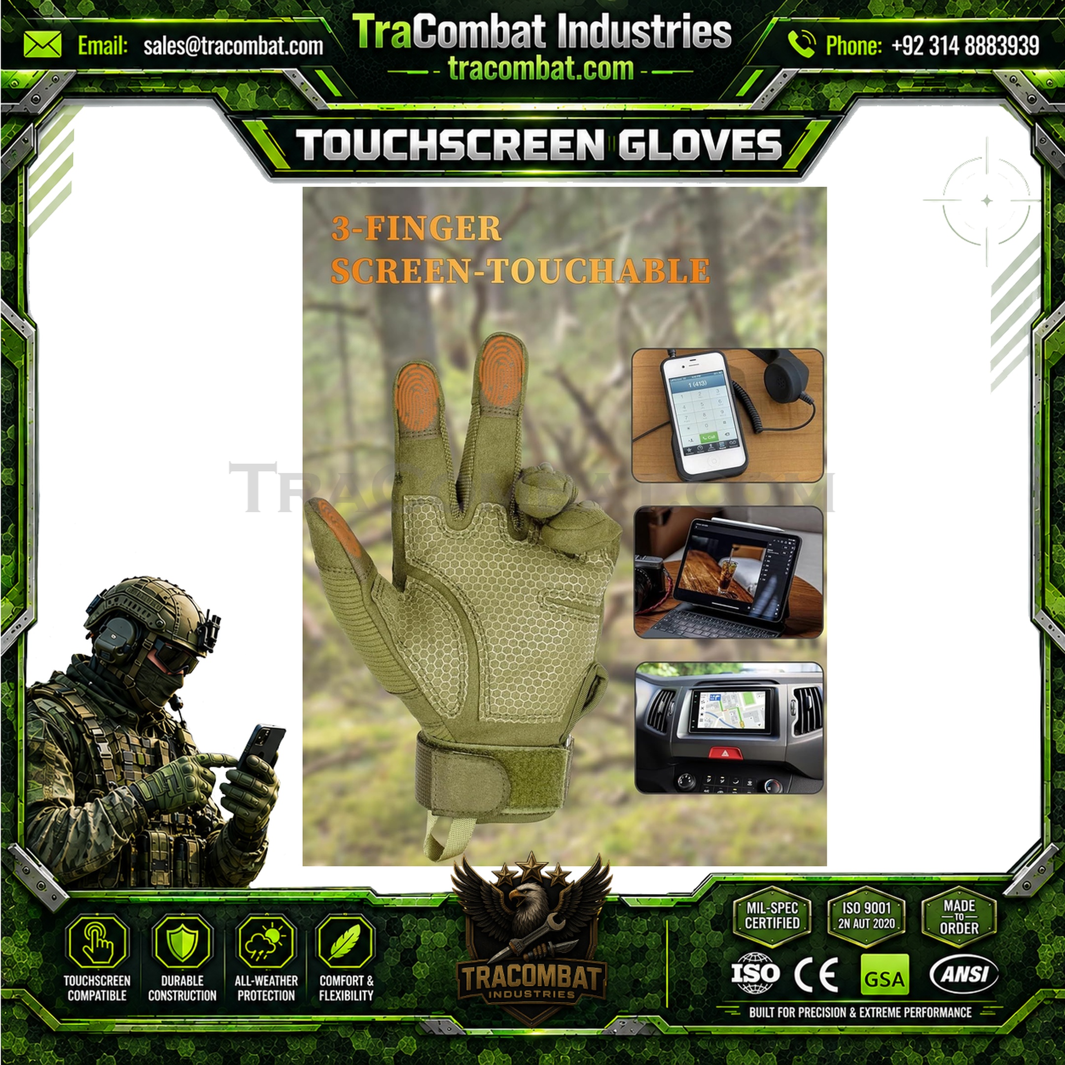 TraCombat Hard Knuckle Silicone Palm Touchscreen Tactical Gloves - Image 3