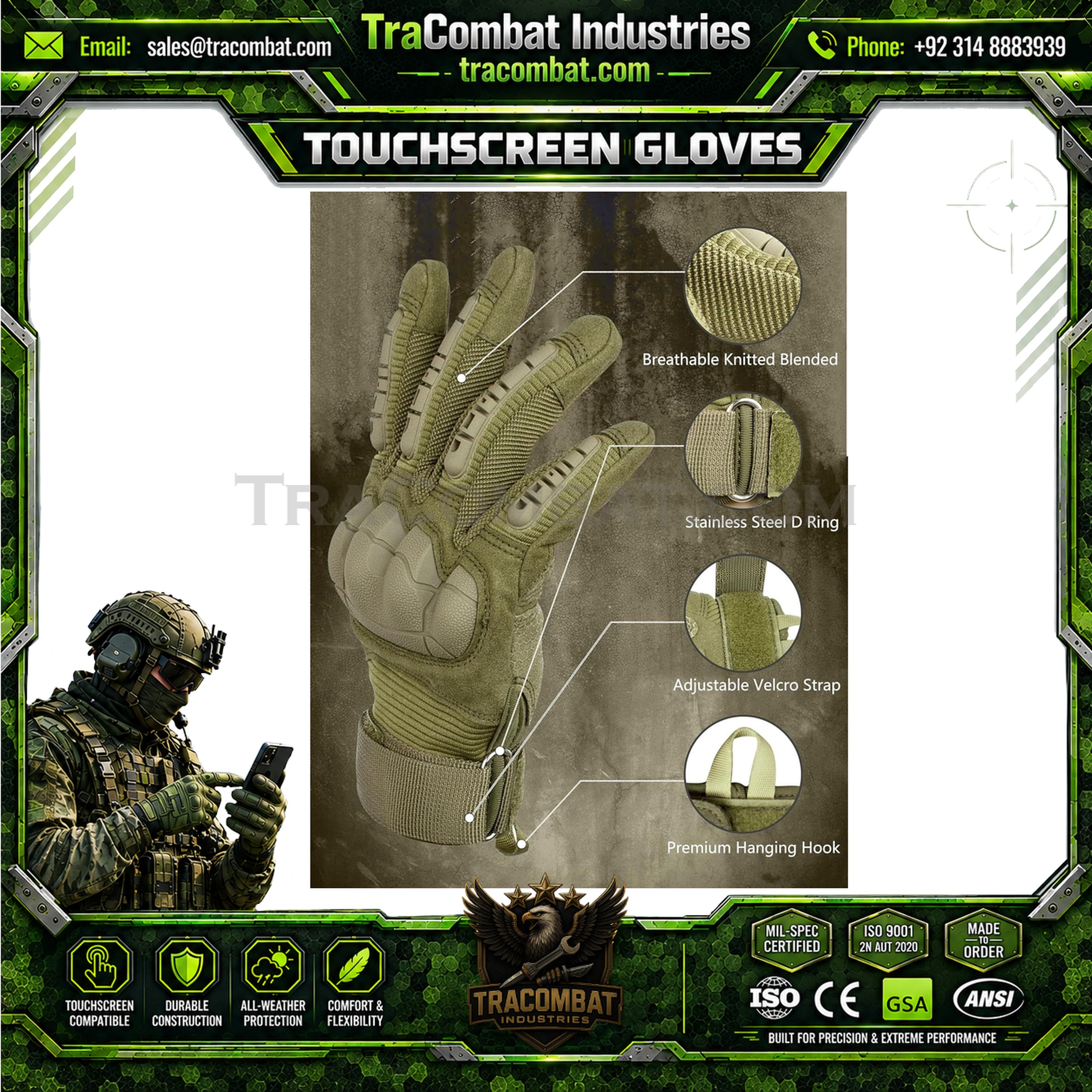 TraCombat Hard Knuckle Silicone Palm Touchscreen Tactical Gloves - Image 6