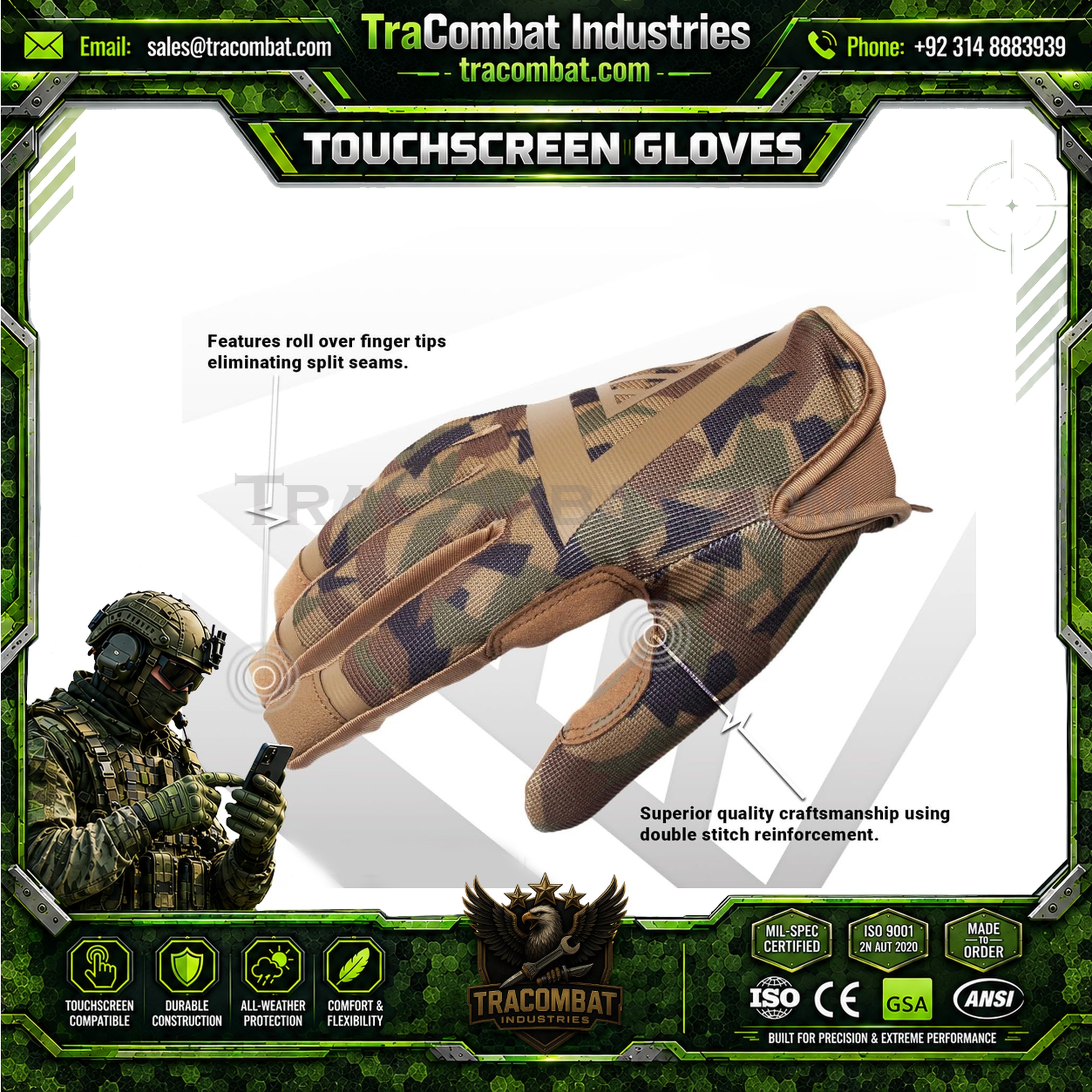 TraCombat Lightweight Ventilated Camouflage Touchscreen Gloves - Image 2