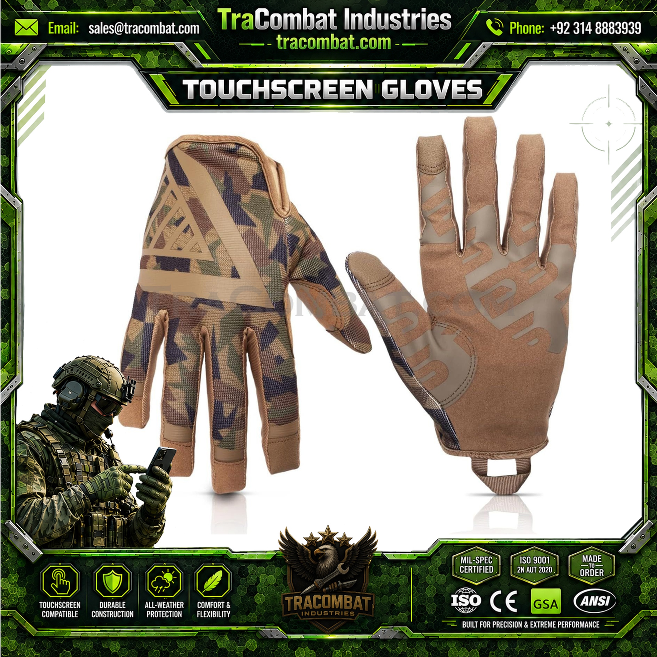 TraCombat Lightweight Ventilated Camouflage Touchscreen Gloves