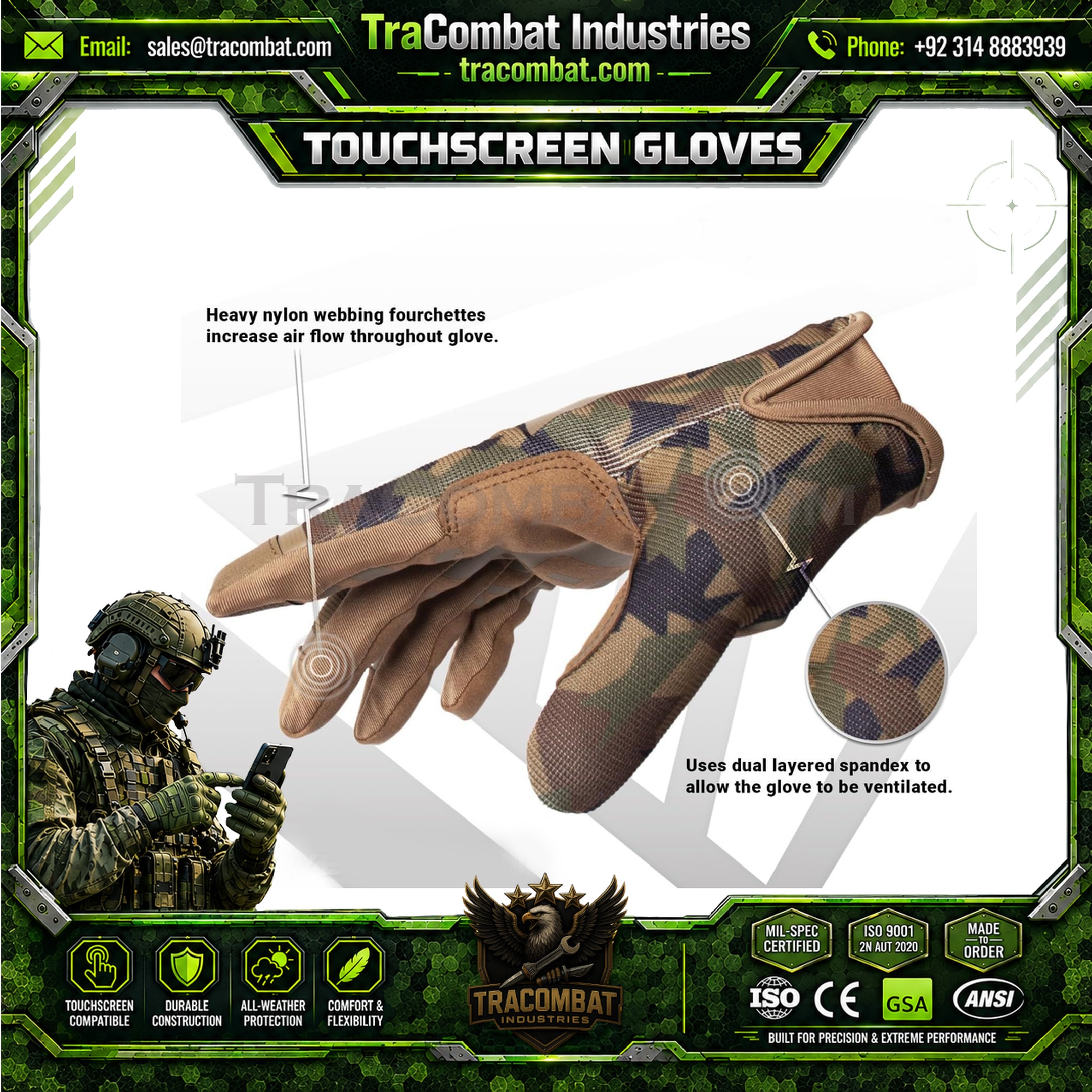 TraCombat Lightweight Ventilated Camouflage Touchscreen Gloves - Image 3